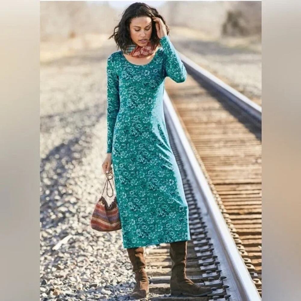 Peruvian Connection Floriana Midi Dress Long Sleeve Floral Blue Green Medium - Picture 2 of 11